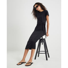 Black Textured Tie Waist Midi Dress