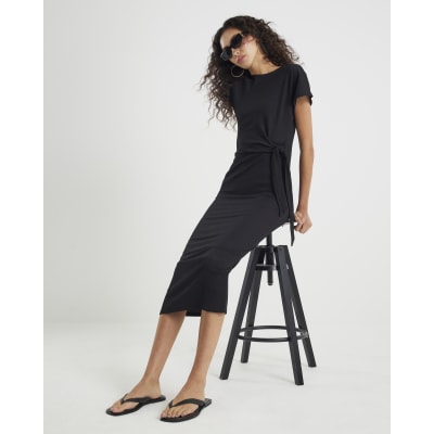 Black Textured Tie Waist Midi Dress