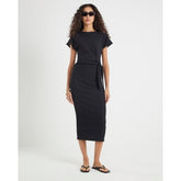 Black Textured Tie Waist Midi Dress