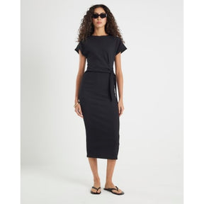 Black Textured Tie Waist Midi Dress