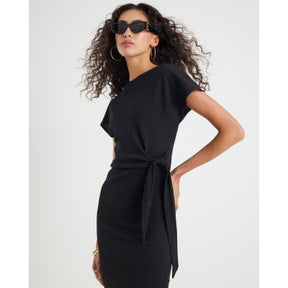 Black Textured Tie Waist Midi Dress