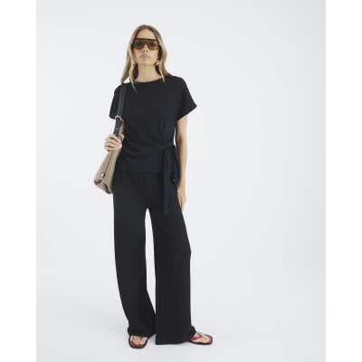 Black Textured Wide Leg Trousers