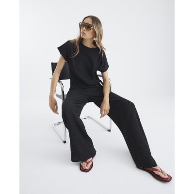 Black Textured Wide Leg Trousers
