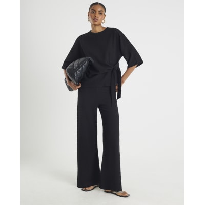 Black Textured Wide Leg Trousers