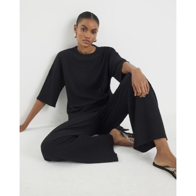 Black Textured Wide Leg Trousers