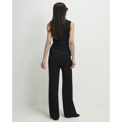 Black Textured Wide Leg Trousers