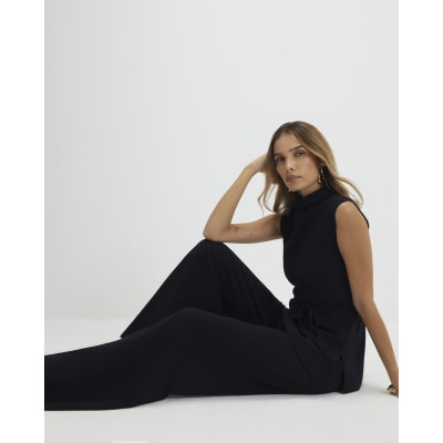 Black Textured Wide Leg Trousers