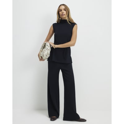 Black Textured Wide Leg Trousers
