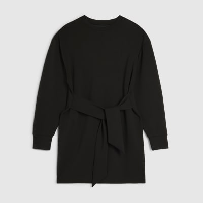 Black Tie Front Mini Sweatshirt Dress