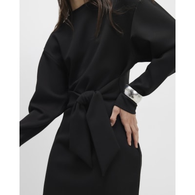 Black Tie Front Mini Sweatshirt Dress