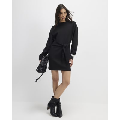Black Tie Front Mini Sweatshirt Dress