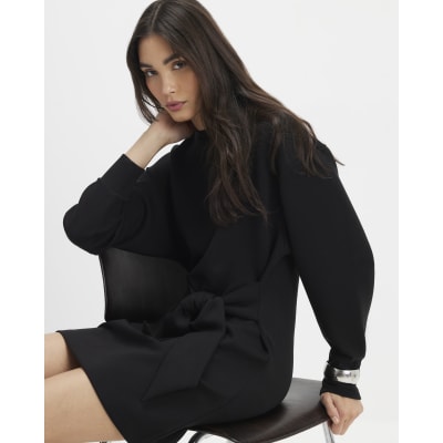 Black Tie Front Mini Sweatshirt Dress