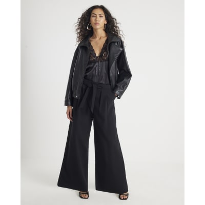 Black Tie Waist Wide Leg Trousers