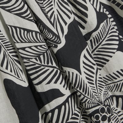 Black Tropical Leaf Shirred Midi Dress