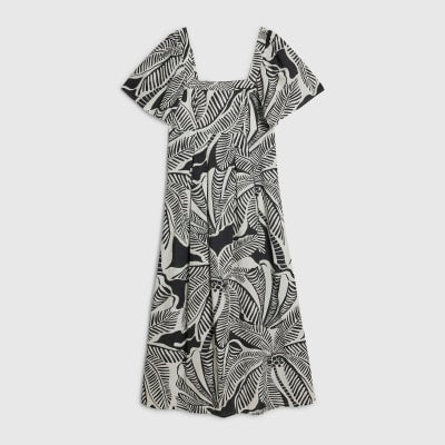 Black Tropical Leaf Shirred Midi Dress