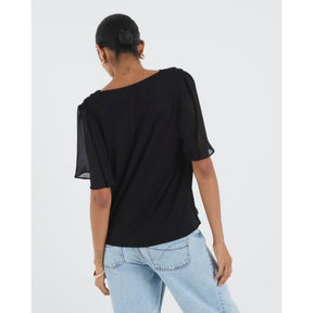 Black V Neck Pleated Hybrid Top