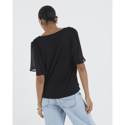 Black V Neck Pleated Hybrid Top