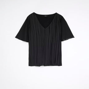 Black V Neck Pleated Hybrid Top