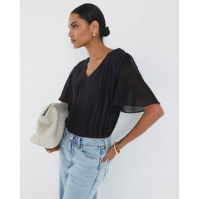 Black V Neck Pleated Hybrid Top