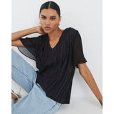 Black V Neck Pleated Hybrid Top