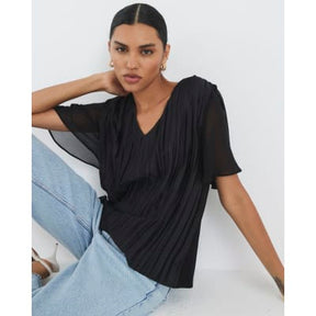 Black V Neck Pleated Hybrid Top
