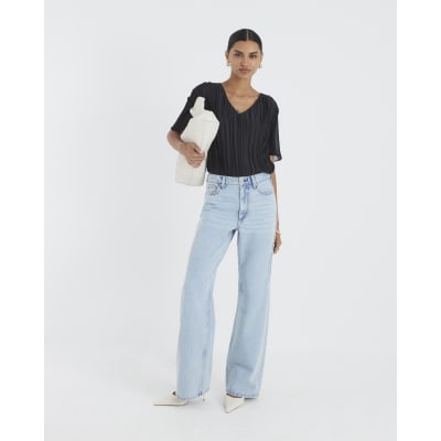 Black V Neck Pleated Hybrid Top