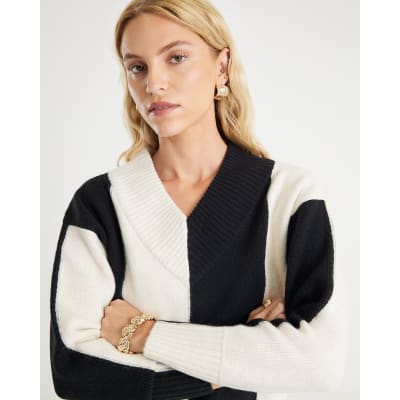 Black V Neck Striped Jumper