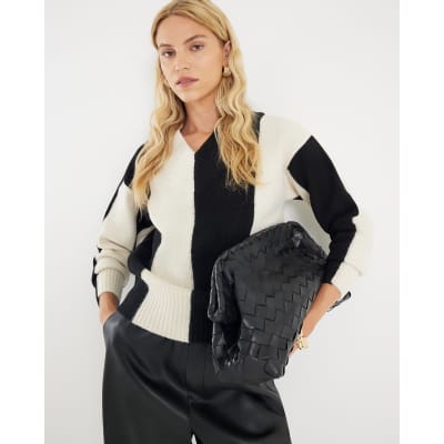 Black V Neck Striped Jumper