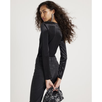 Black Velvet Long Sleeve Cowl Neck Bodysuit