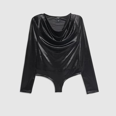 Black Velvet Long Sleeve Cowl Neck Bodysuit