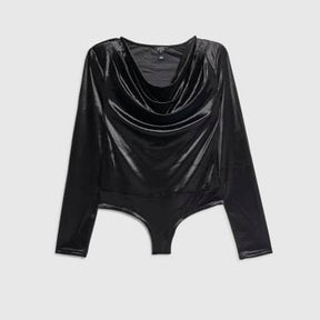 Black Velvet Long Sleeve Cowl Neck Bodysuit