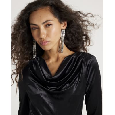 Black Velvet Long Sleeve Cowl Neck Bodysuit