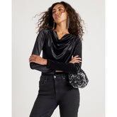 Black Velvet Long Sleeve Cowl Neck Bodysuit