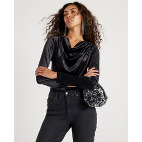 Black Velvet Long Sleeve Cowl Neck Bodysuit