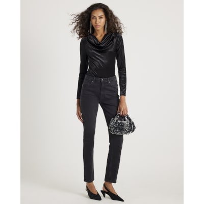 Black Velvet Long Sleeve Cowl Neck Bodysuit