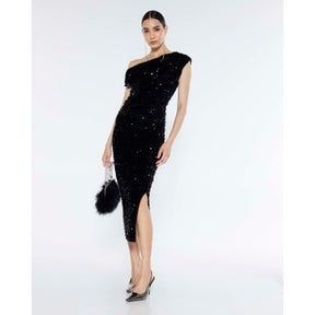 Black Velvet Sequin Ruched Midi Skirt