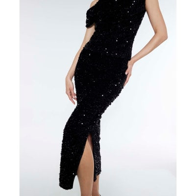 Black Velvet Sequin Ruched Midi Skirt