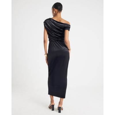 Black Velvet Sleeveless Drape Midi Dress