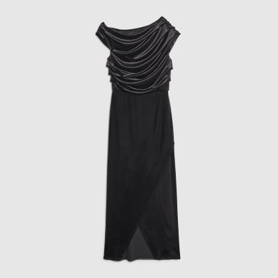 Black Velvet Sleeveless Drape Midi Dress