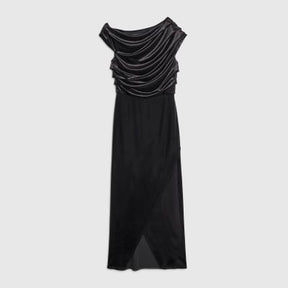 Black Velvet Sleeveless Drape Midi Dress