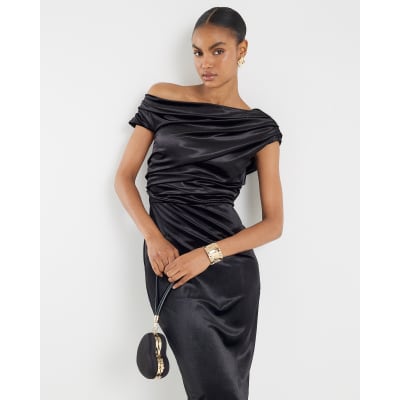 Black Velvet Sleeveless Drape Midi Dress