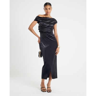 Black Velvet Sleeveless Drape Midi Dress