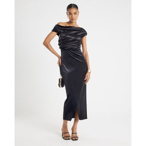 Black Velvet Sleeveless Drape Midi Dress
