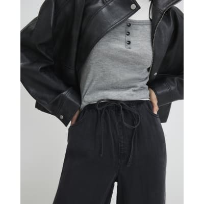 Black Wide Leg Pyjama Style Drawstring Jeans