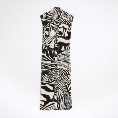 Black Zebra Print Midi Shirt Dress