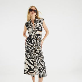 Black Zebra Print Midi Shirt Dress