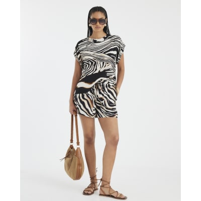Black Zebra Print Turn Back Cuff T-Shirt
