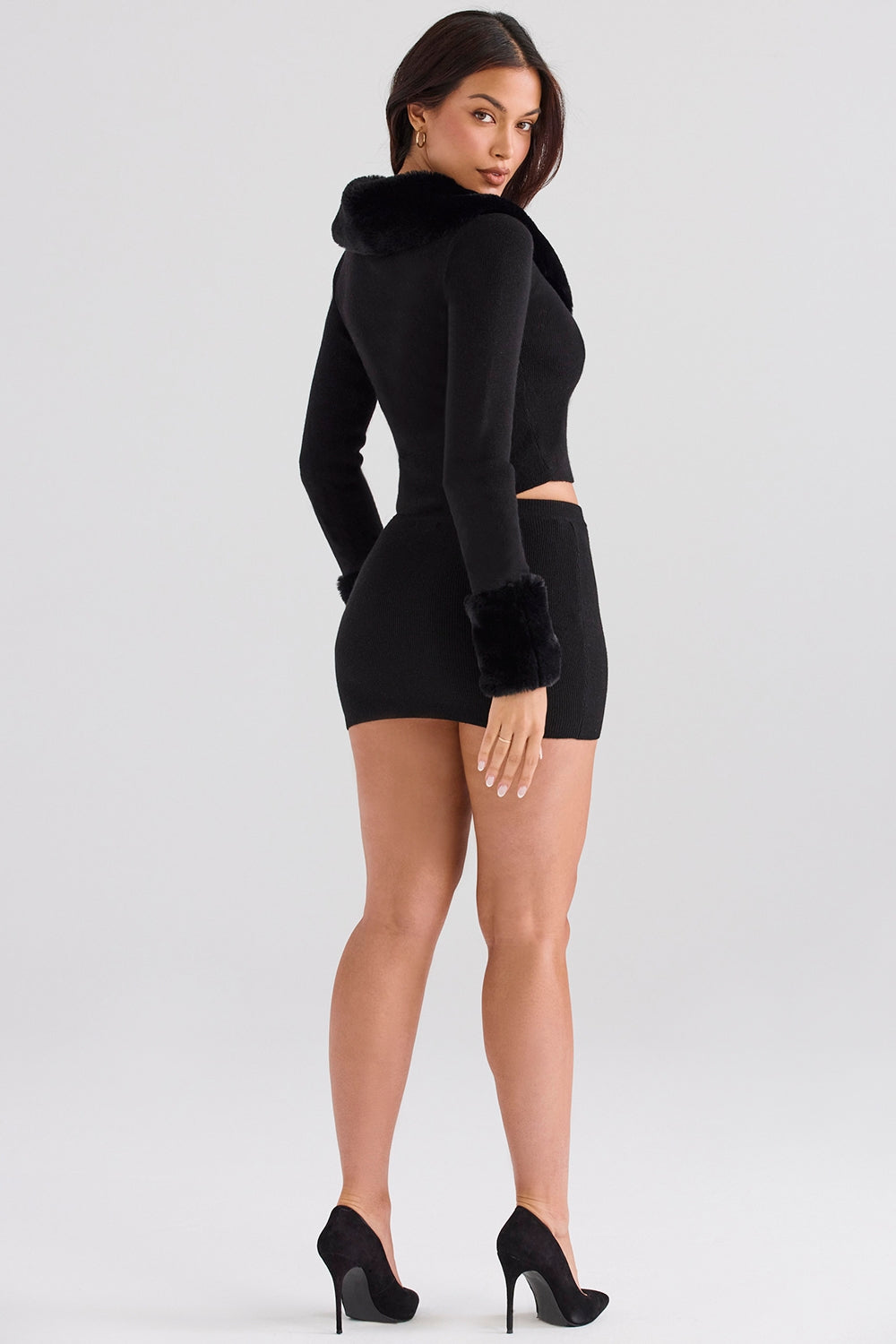 Black faux fur trim cardigan