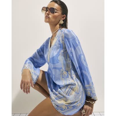 Blue Abstract Palm Print Beach Tunic