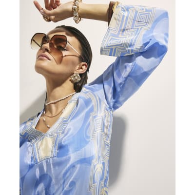 Blue Abstract Palm Print Beach Tunic